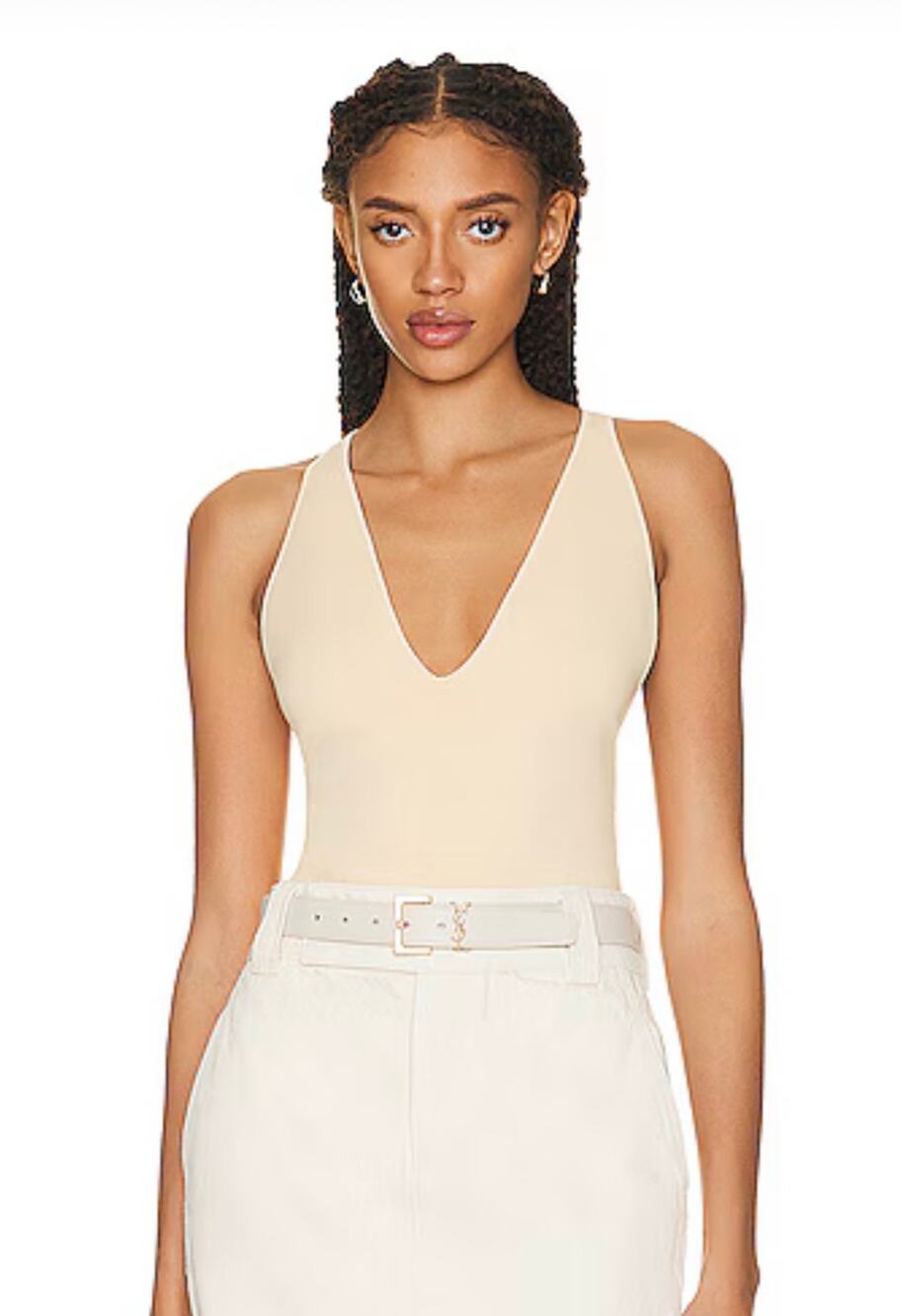 A.L.C. Vera Bodysuit Plunging V Neck Knit Top Bodyson Size MEDIUM STRAW NEW